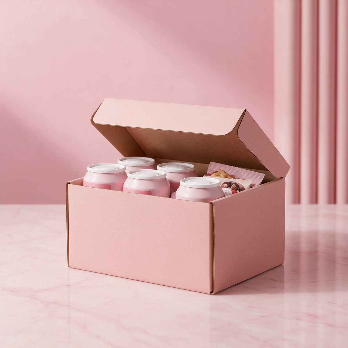 Kraft refill box with cold brew cans and snacks