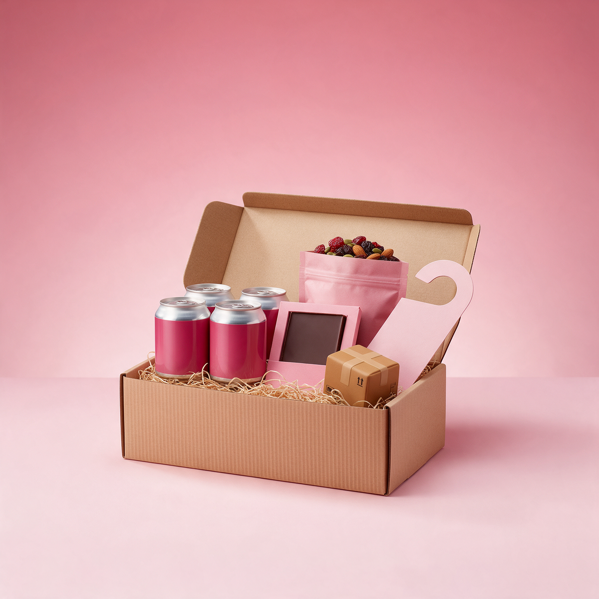 Gift box with cold brew cans, snacks and a stress ball