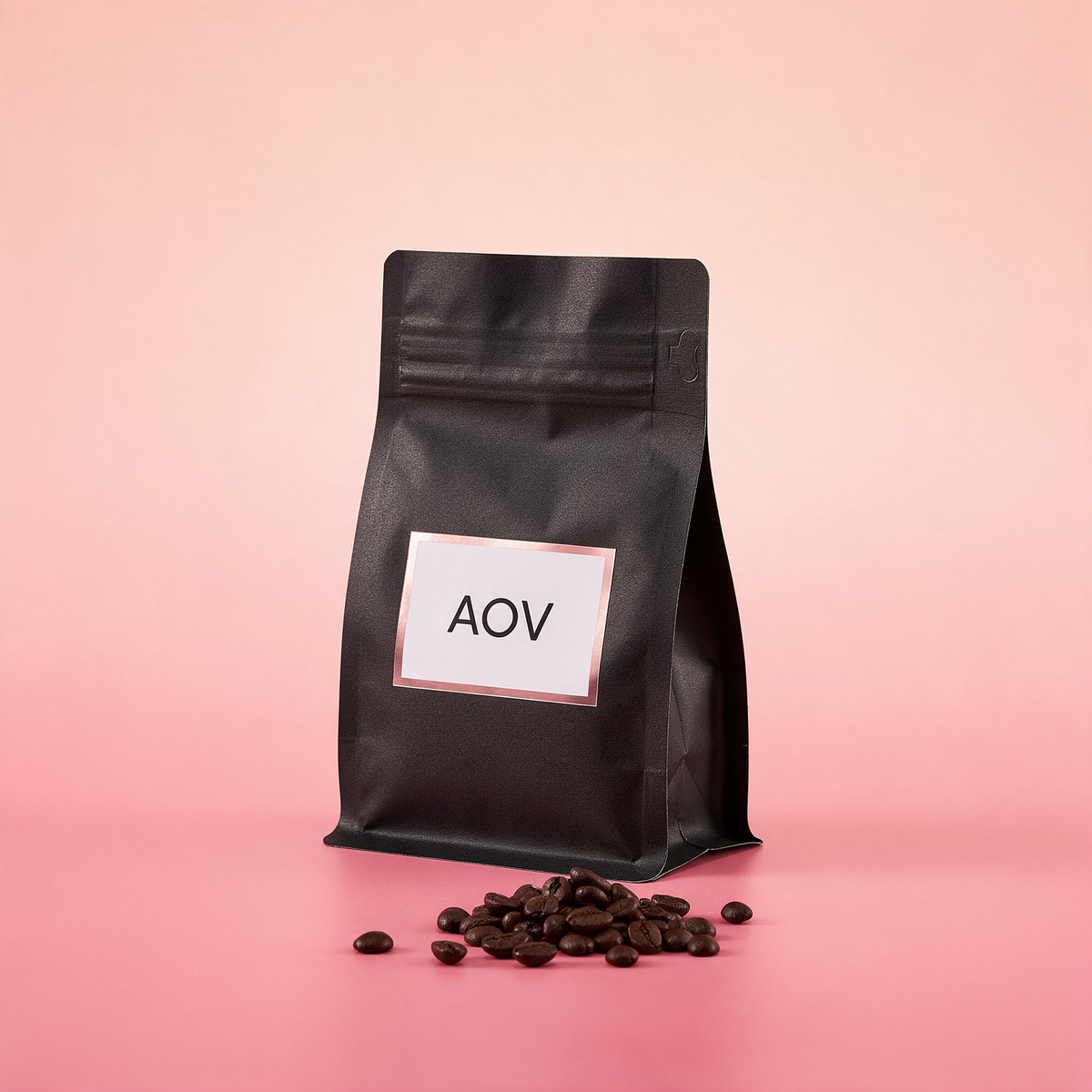 Matte black AOV espresso coffee bag with roasted beans
