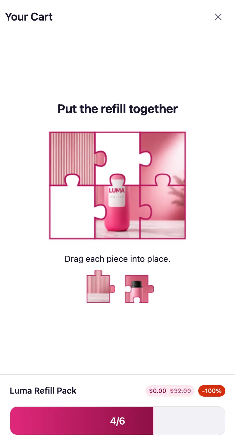 An exit save inside the cart drawer: &ldquo;Put the refill together&rdquo;, a six-piece puzzle cut from the reward&rsquo;s photo with four pieces placed, and the free Luma Refill Pack waiting below.