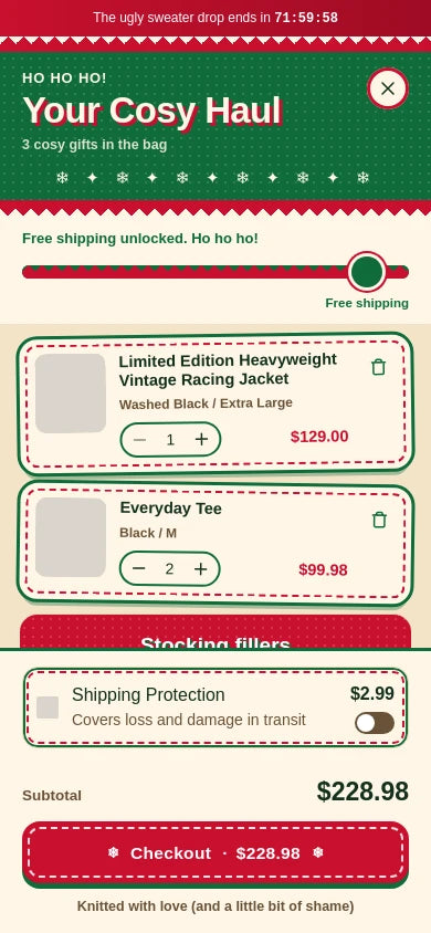 The ugly sweater copy: red-and-cream zigzag knit rows round a stitched green header reading &ldquo;Ho ho ho! Your Cosy Haul&rdquo; with a row of snowflakes, crooked patch-style items with red stitching, and a stitched red checkout.