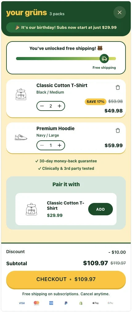 grüns Cartivate cart with branded design, reward milestones, relevant offers and a yellow checkout button.